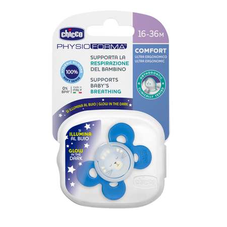 Пустышка CHICCO Physio Comfort 1шт 16-36мес силиконn светящаяся Blue рисунок котик