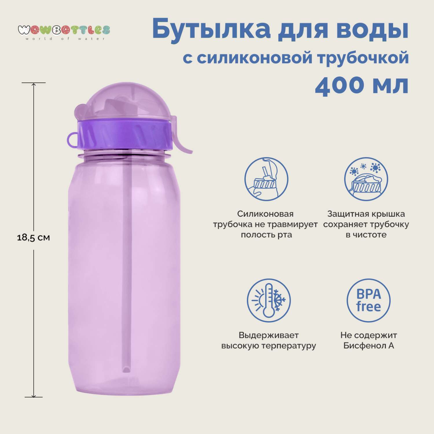 Бутылка WOWBOTTLES для воды и напитков с трубочкой 400 мл - фото 4