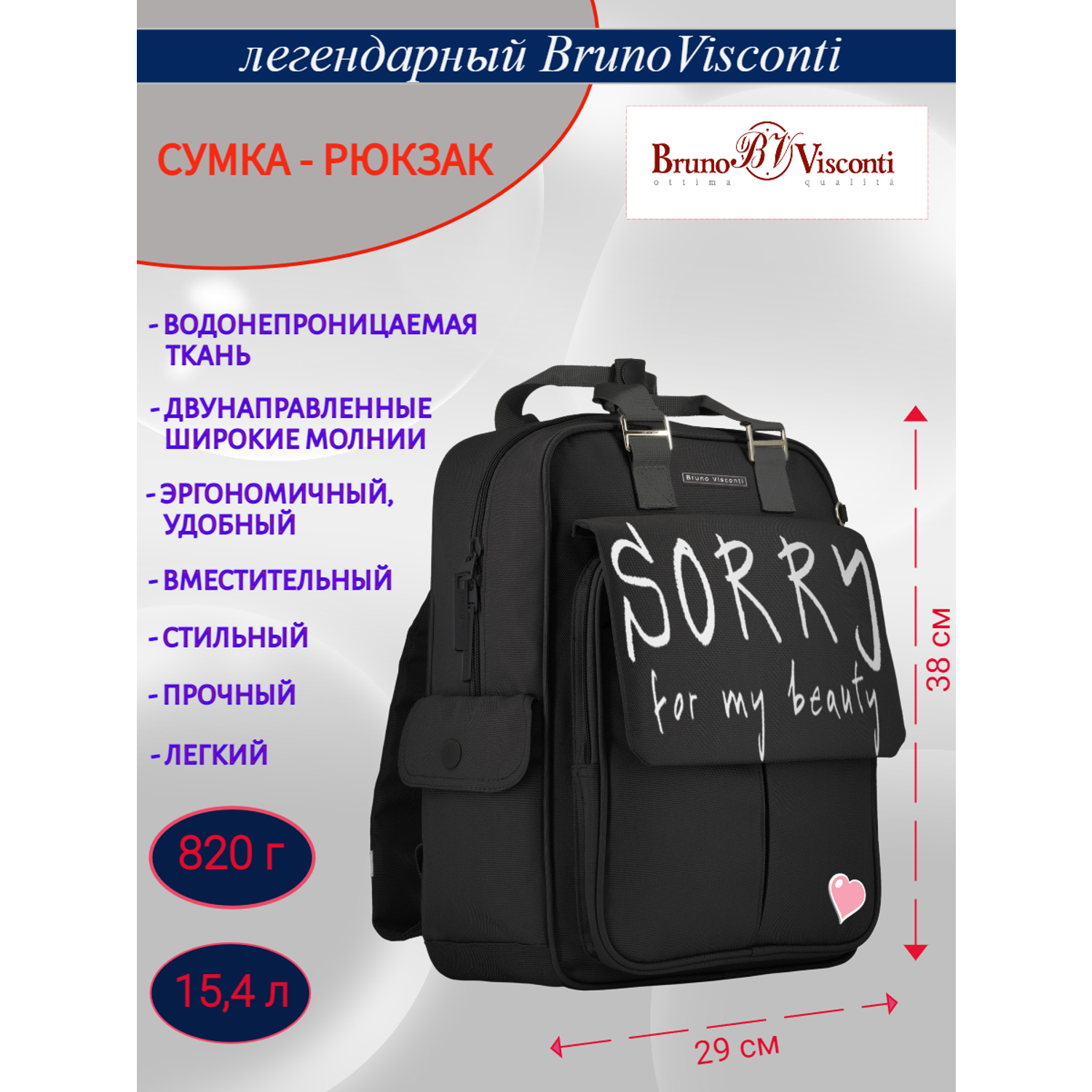 Сумка-рюкзак Bruno Visconti черный sorry - фото 1