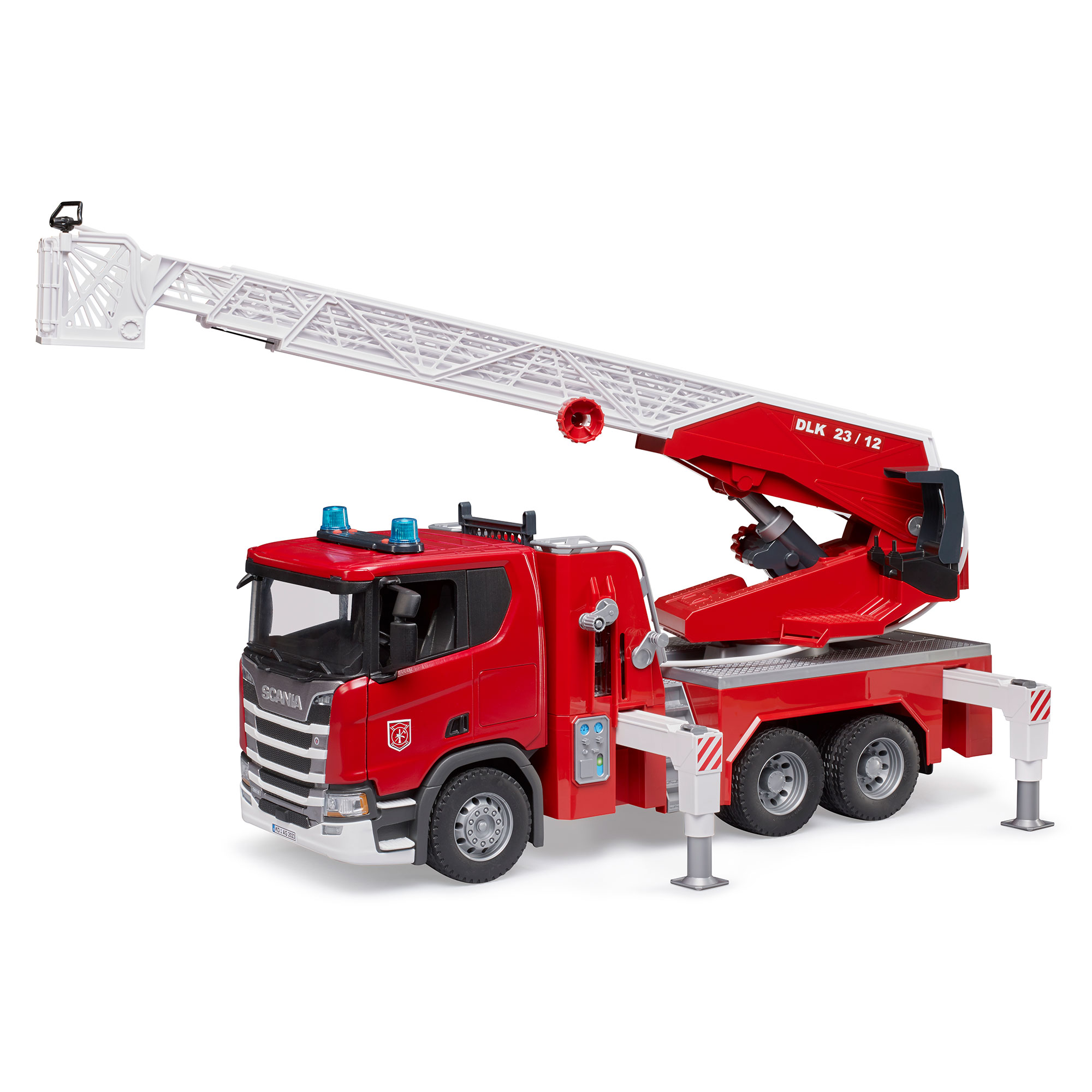 Bruder Scania Super 560R Feuerwehr mit Drehleiter Wasserpumpe Light & Sound