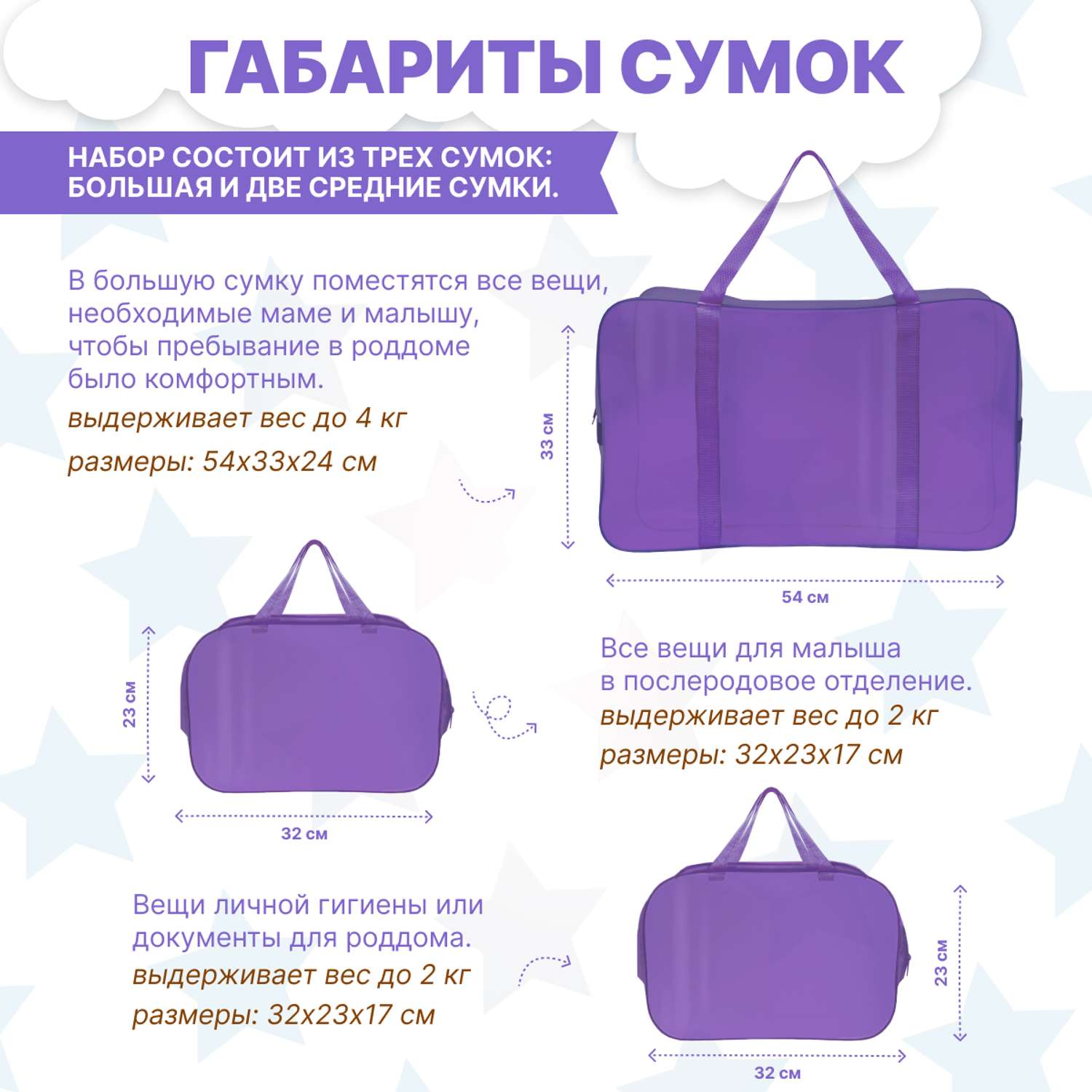 Набор для роддома ForBaby прозрачные сумки 3 шт - фиолетовый цвет - фото 3