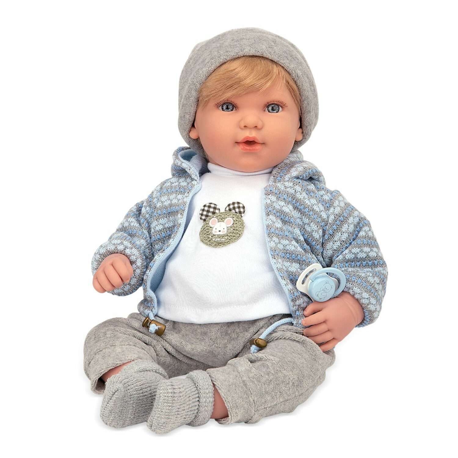 Кукла мальчик Arias ELEGANCE IRIO в серо голубой одежде 45 см со звуковыми эффектами Т22915 - фото 1