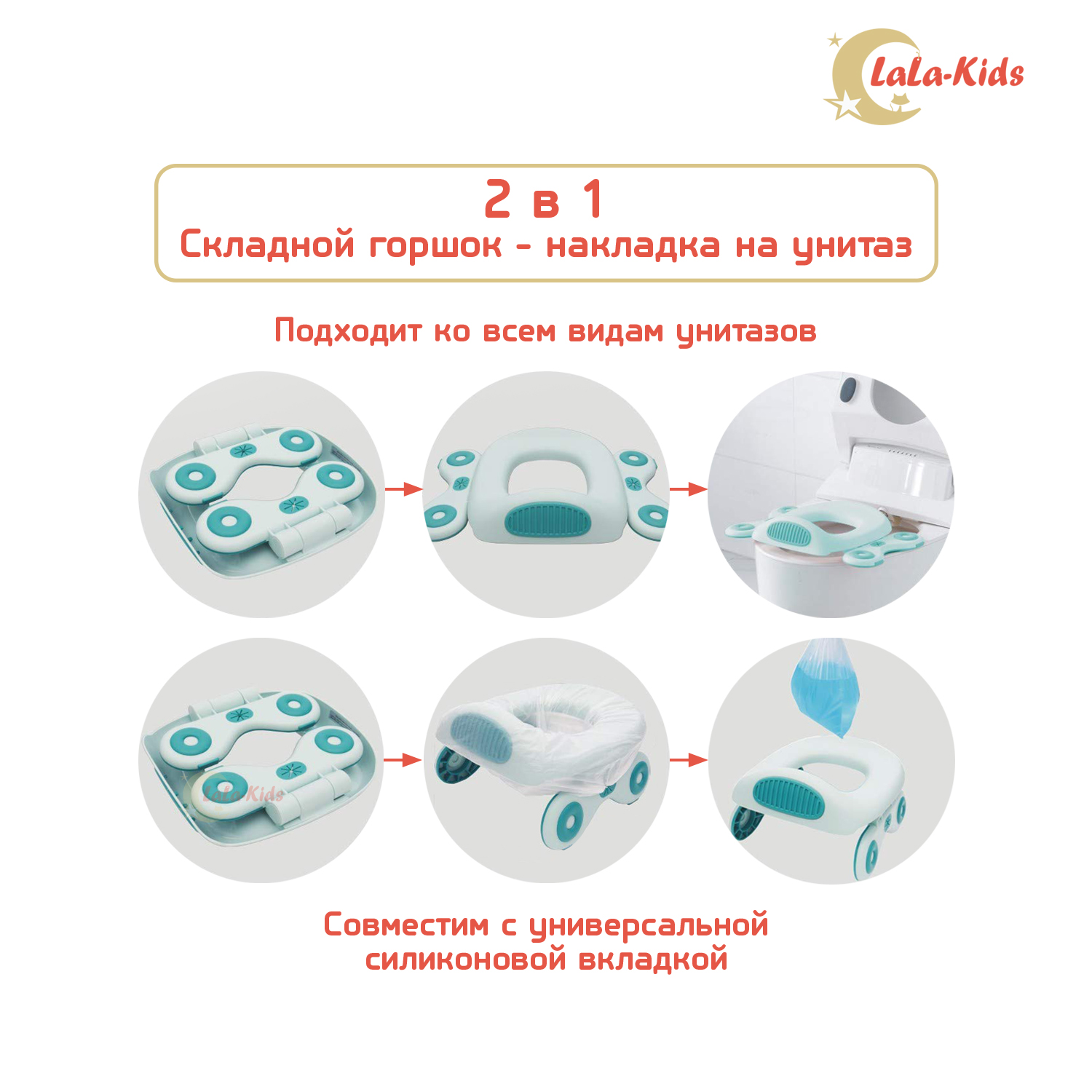 Горшок-накладка на унитаз LaLa-Kids дорожный складной + 10 одноразовых пакетов бирюзовый - фото 3