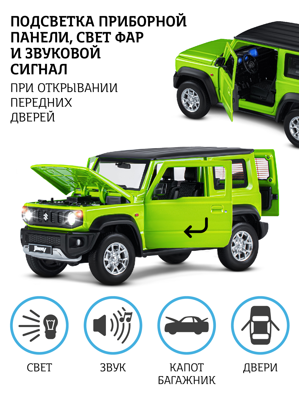 Внедорожник АВТОпанорама Suzuki Jimny 1:18 зеленый JB1251508 - фото 2