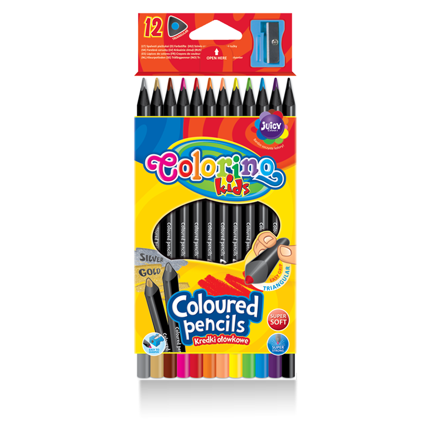 Цветные карандаши COLORINO Kids треугольные черное дерево 12 цветов с точилкой - фото 1
