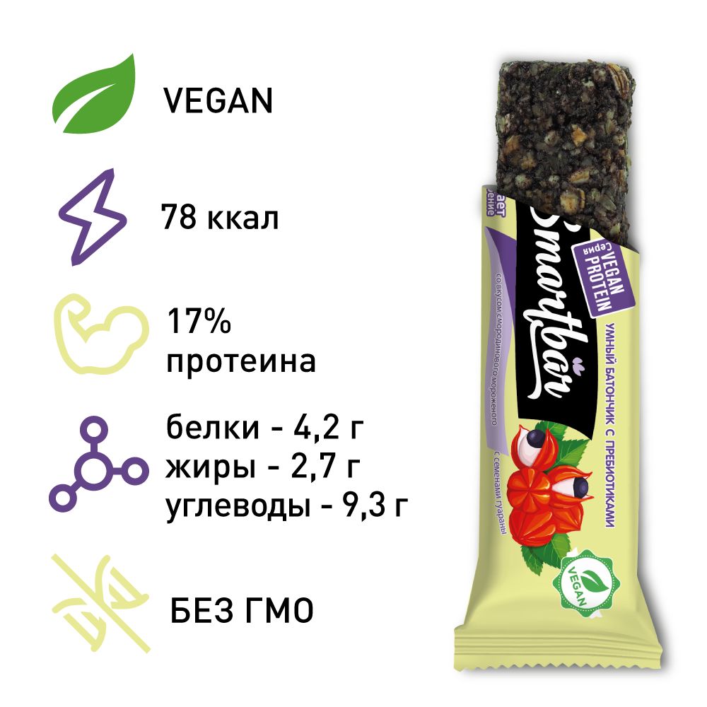 Набор батончиков Smartbar Протеиновые батончики SmartBar VEGAN мороженое АССОРТИ 8 шт.x 30г - фото 4