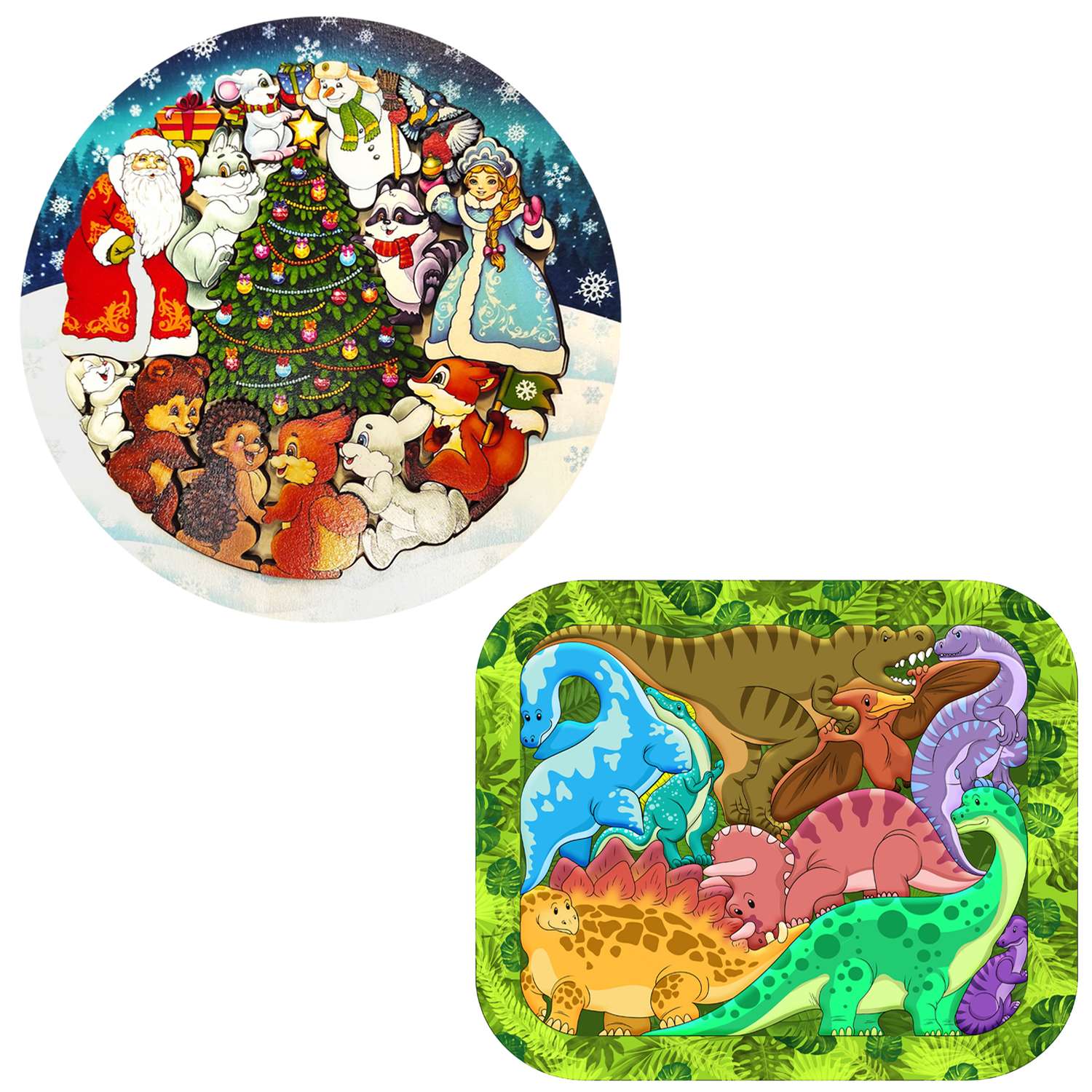 Пазлы для малышей деревянные Нескучные игры Набор Зоопазлы Новогодняя сказка + Динозавры - фото 1