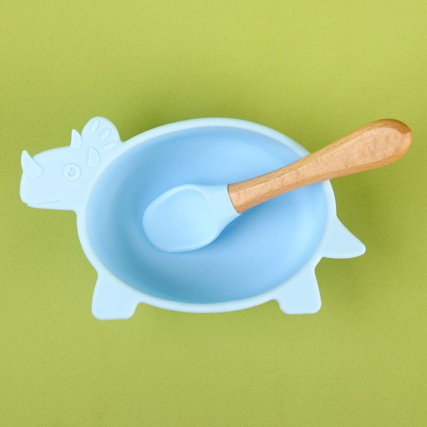 Набор детской посуды Mum and Baby для кормления из силикона «Динозаврик» миска на присоске ложка цвет голубой - фото 3