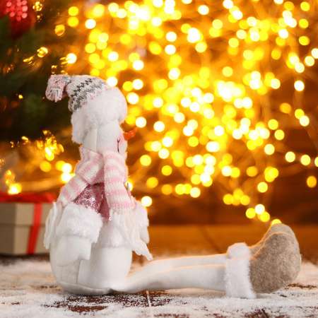 Мягкая игрушка Зимнее волшебство «Снеговик в розовых пайетках-длинные ножки» 11х37 см бело-розовый