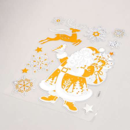 Наклейка Sima-Land пластик «Дед Мороз с подарками и олень» серебристо золотая 24х33 см