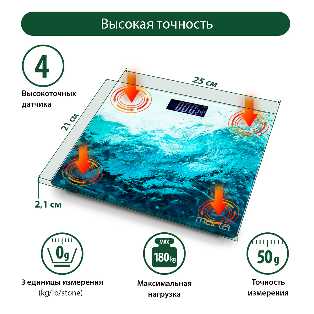 Весы напольные MARTA MT-SC1696 LCD диагностические умные с Bluetooth море - фото 6