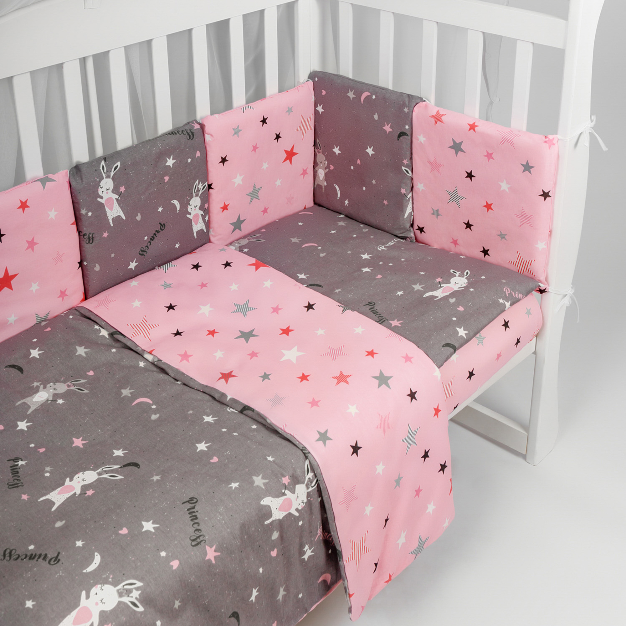 Бортик в кроватку AmaroBaby 12 предметов AmaroBaby Princess серый розовый - фото 3