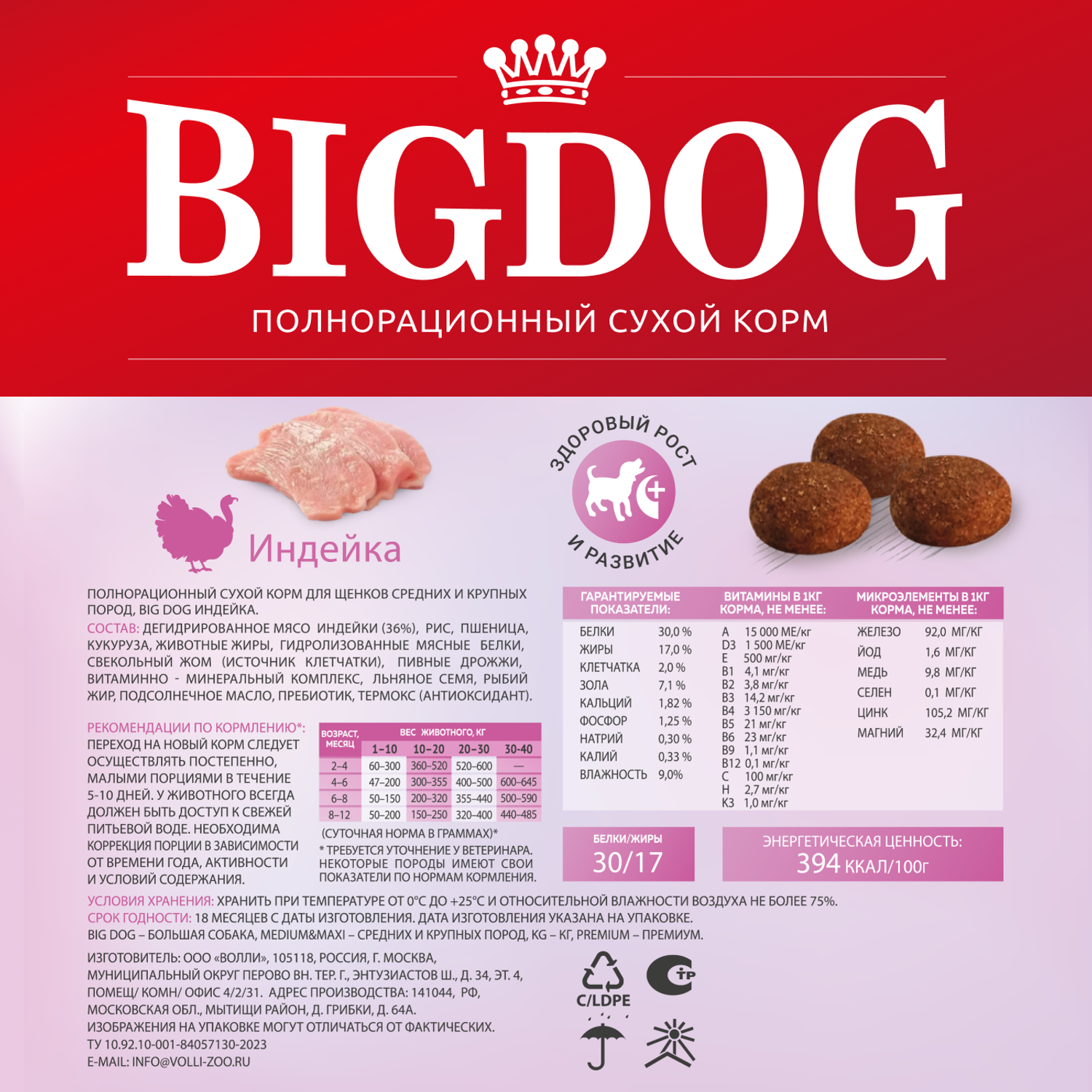 Корм сухой Зоогурман полнорационный для взрослых собак средних и крупных пород Big dog 30/17 Индейка 5 кг - фото 5