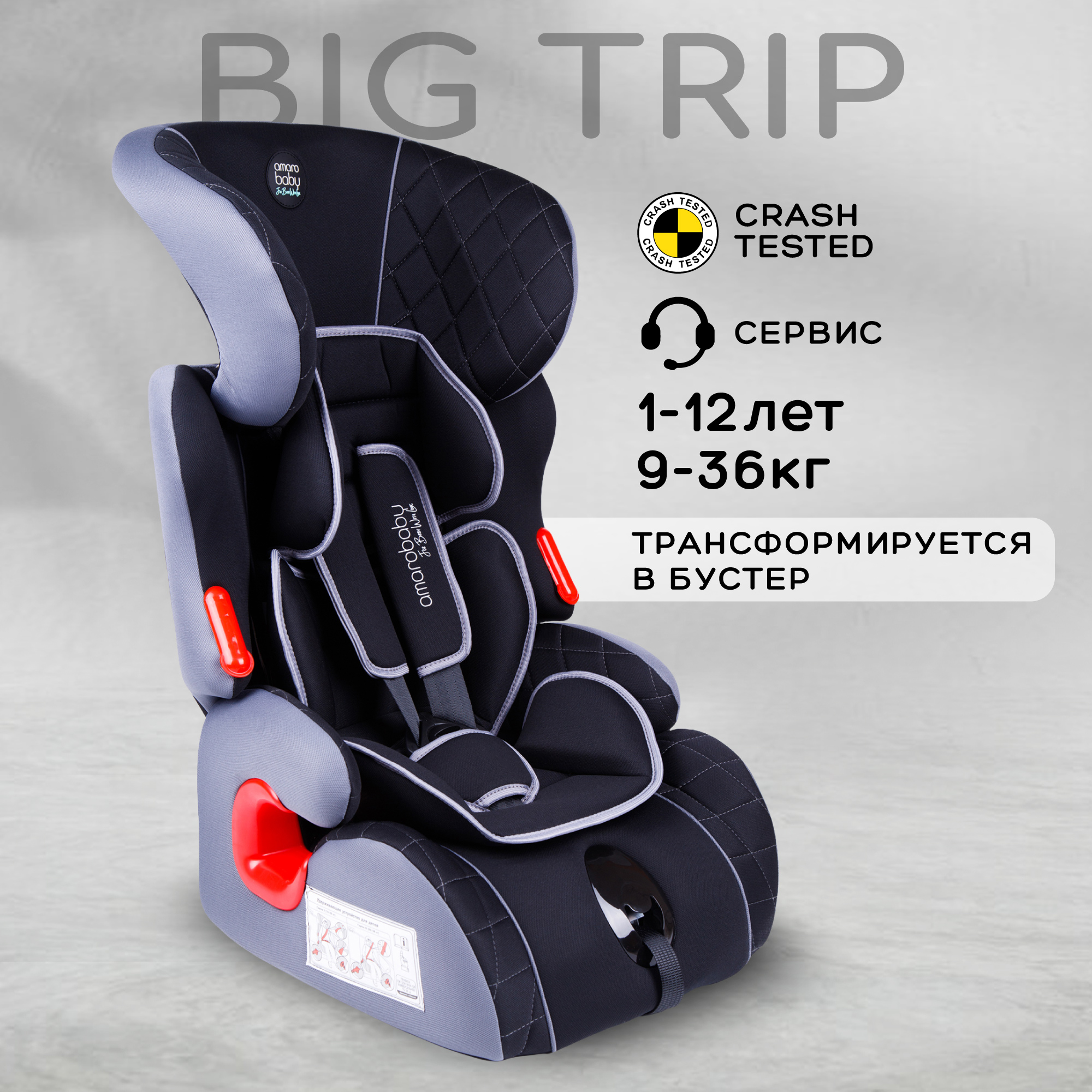 Автокресло детское AmaroBaby Big trip группа I II III чёрный серый - фото 2