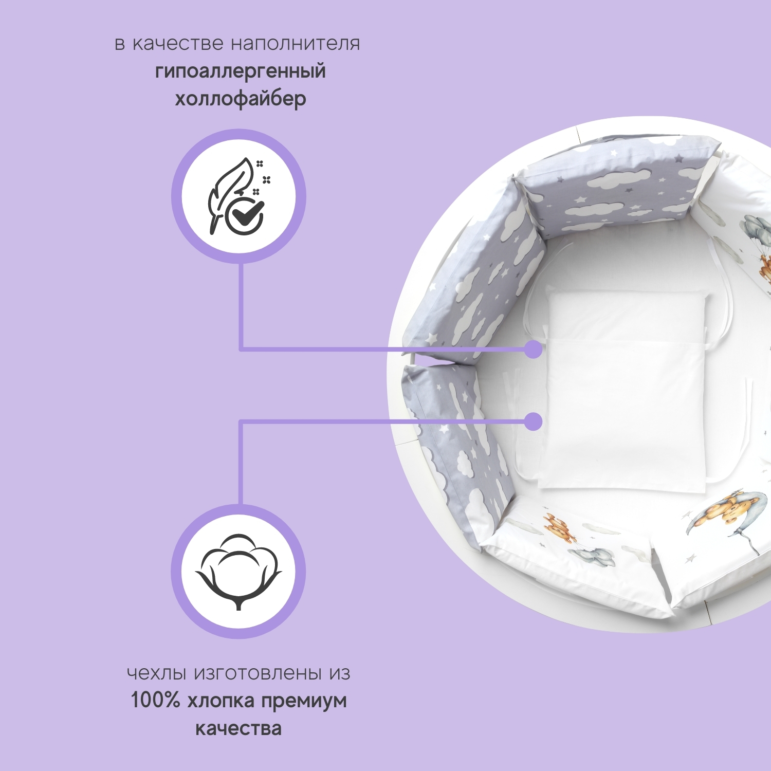 Бортики в кроватку loombee для новорожденных с постельным бельем комплект Мишка на месяце - фото 7
