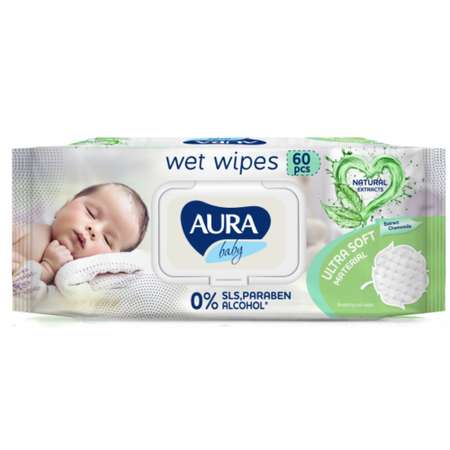 Влажные салфетки AURA Baby детские 0+ big-pack с крышкой 60шт