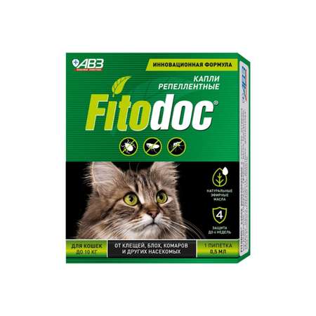 Капли репеллентные для кошек АВЗ Fitodoc до 10кг от клещей блох комаров и других насекомых 1 пипетка по 0.5мл