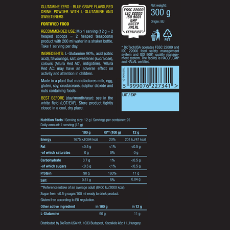 L-глютамин BiotechUSA Glutamine Zero 300 г. Голубой виноград
