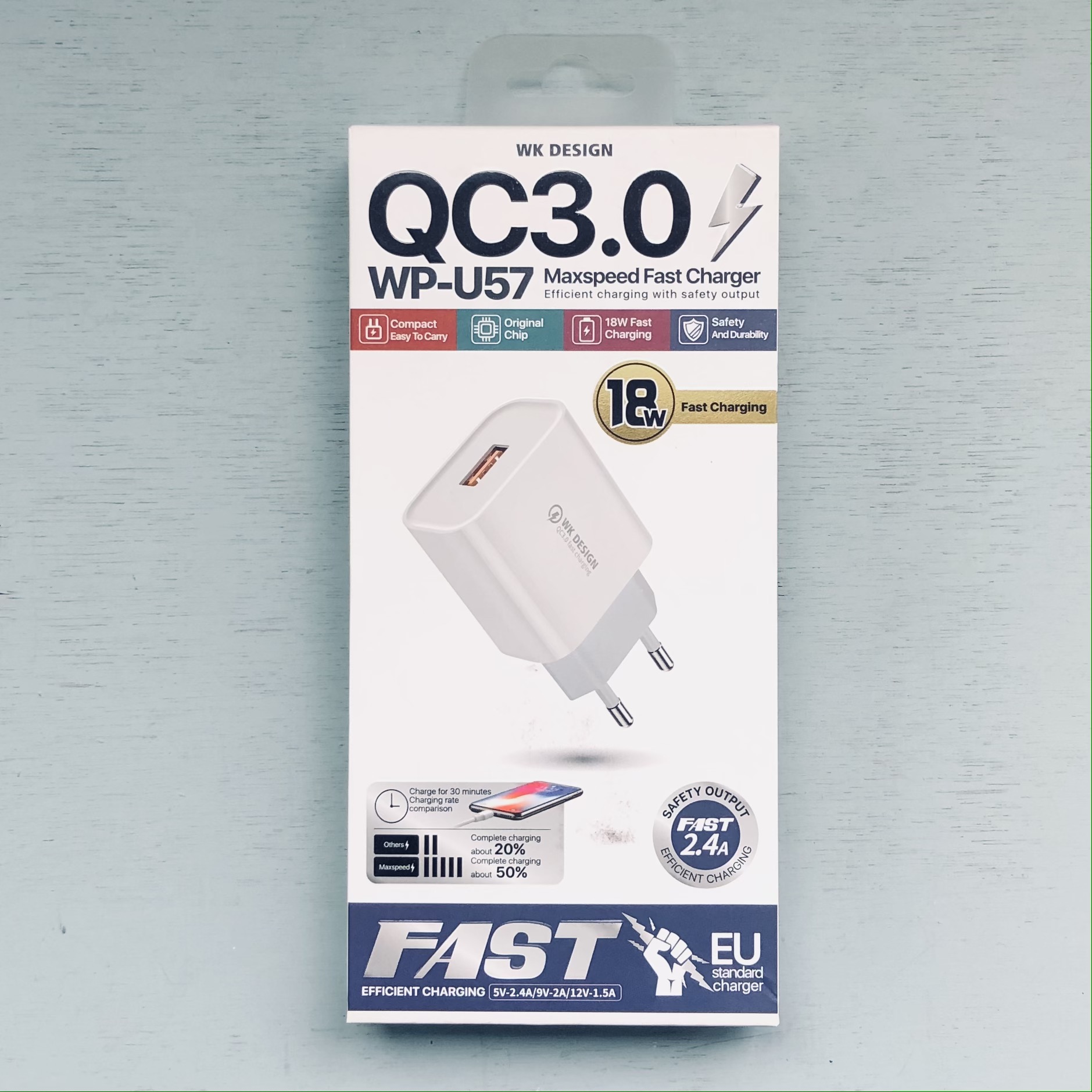 Сетевое зарядное устройство WK Design Max Fast QC 3.0/USB 2.4A /18W/быстрая зарядка для телефона - фото 1