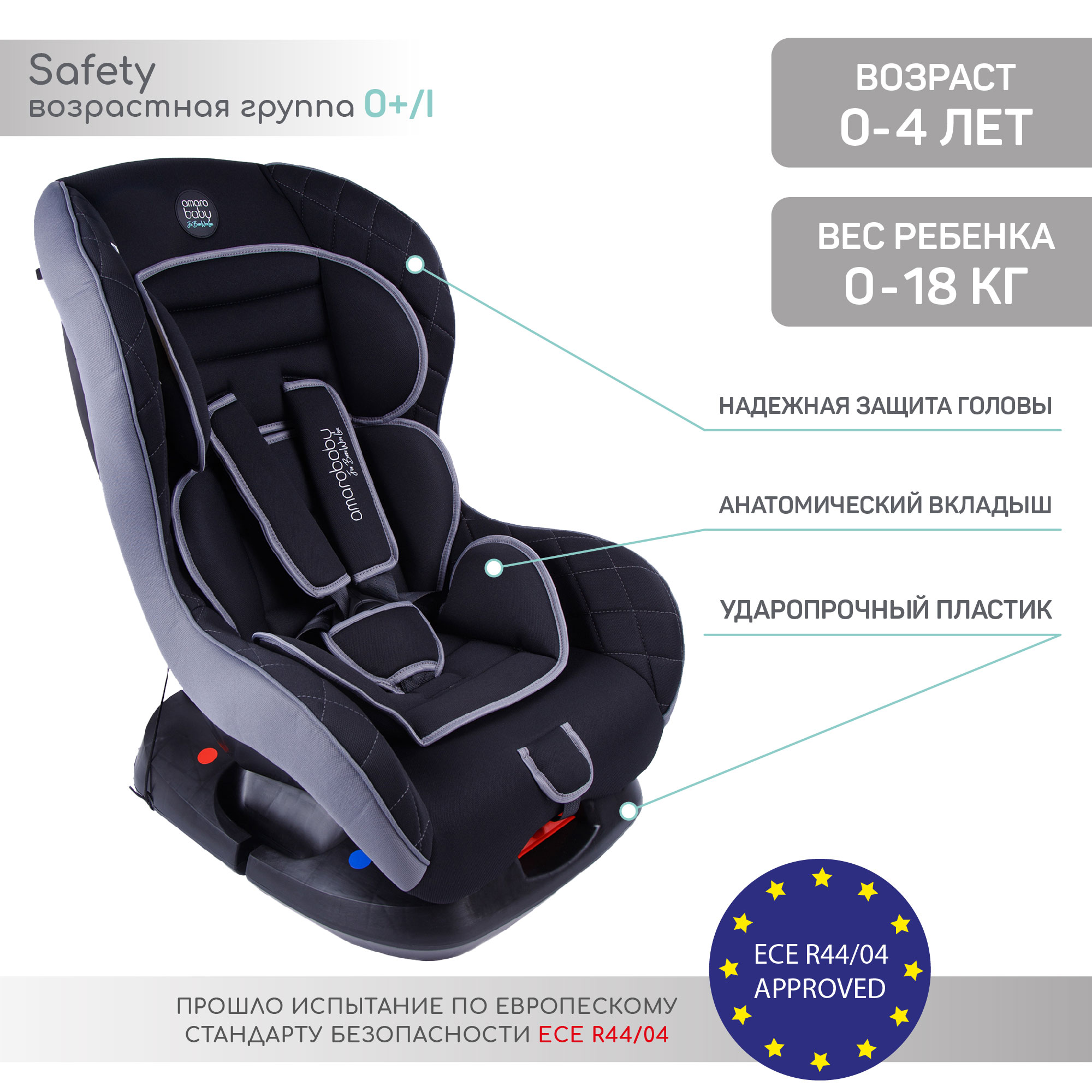 Автокресло Amarobaby Safety 0+/I Черный-Серый - фото 3