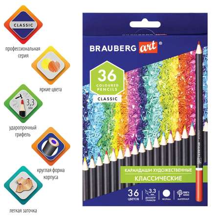 Карандаши цветные Brauberg художественные для рисования 36 цветов с мягким грифелем