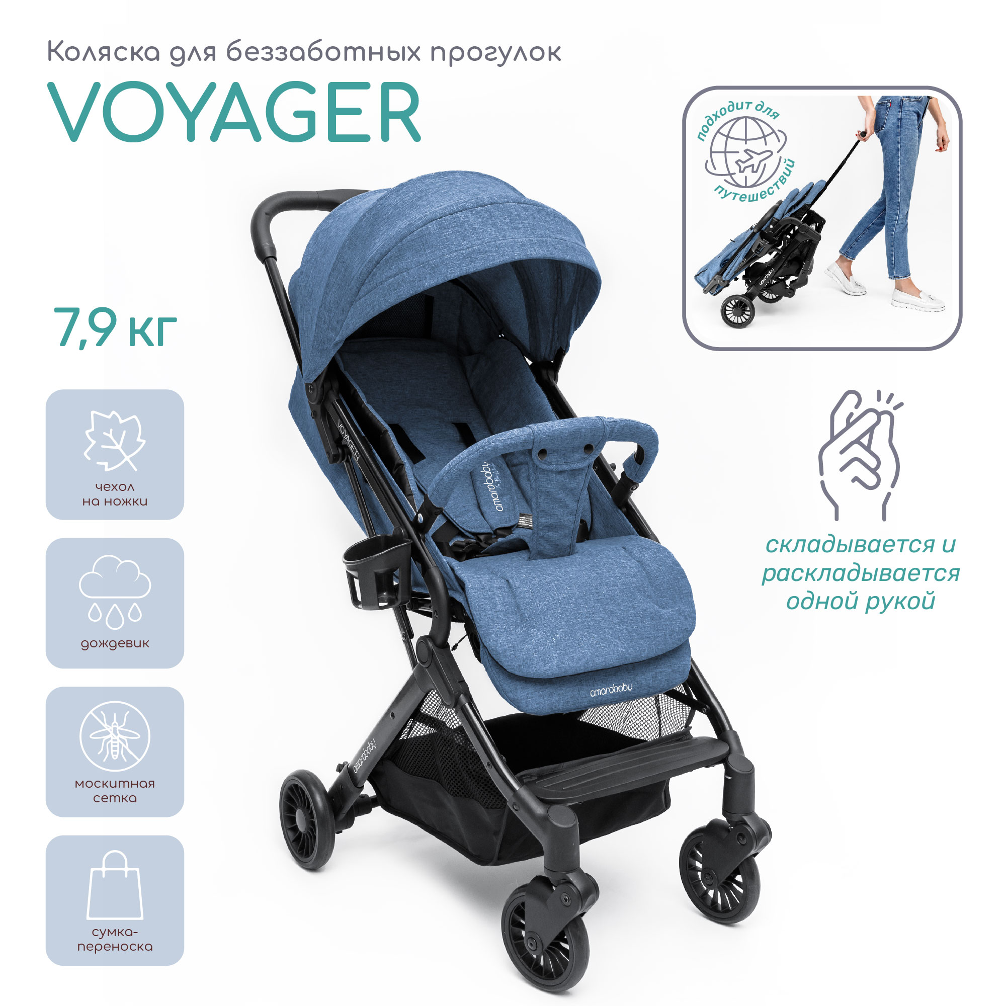 Коляска прогулочная AmaroBaby Voyager Синий - фото 2