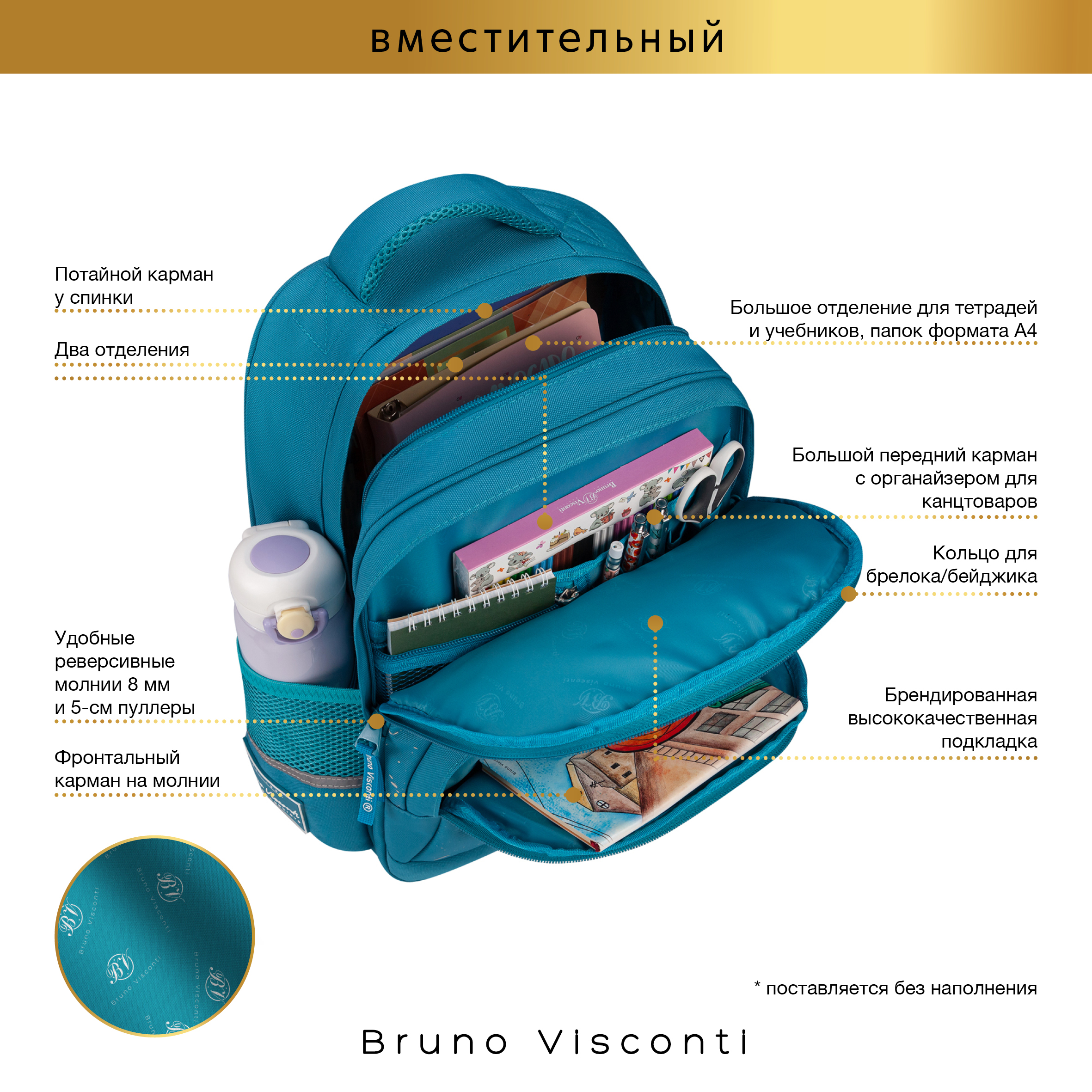 Рюкзак школьный Bruno Visconti бирюзовый с эргономичной спинкой Зайчик - фото 7