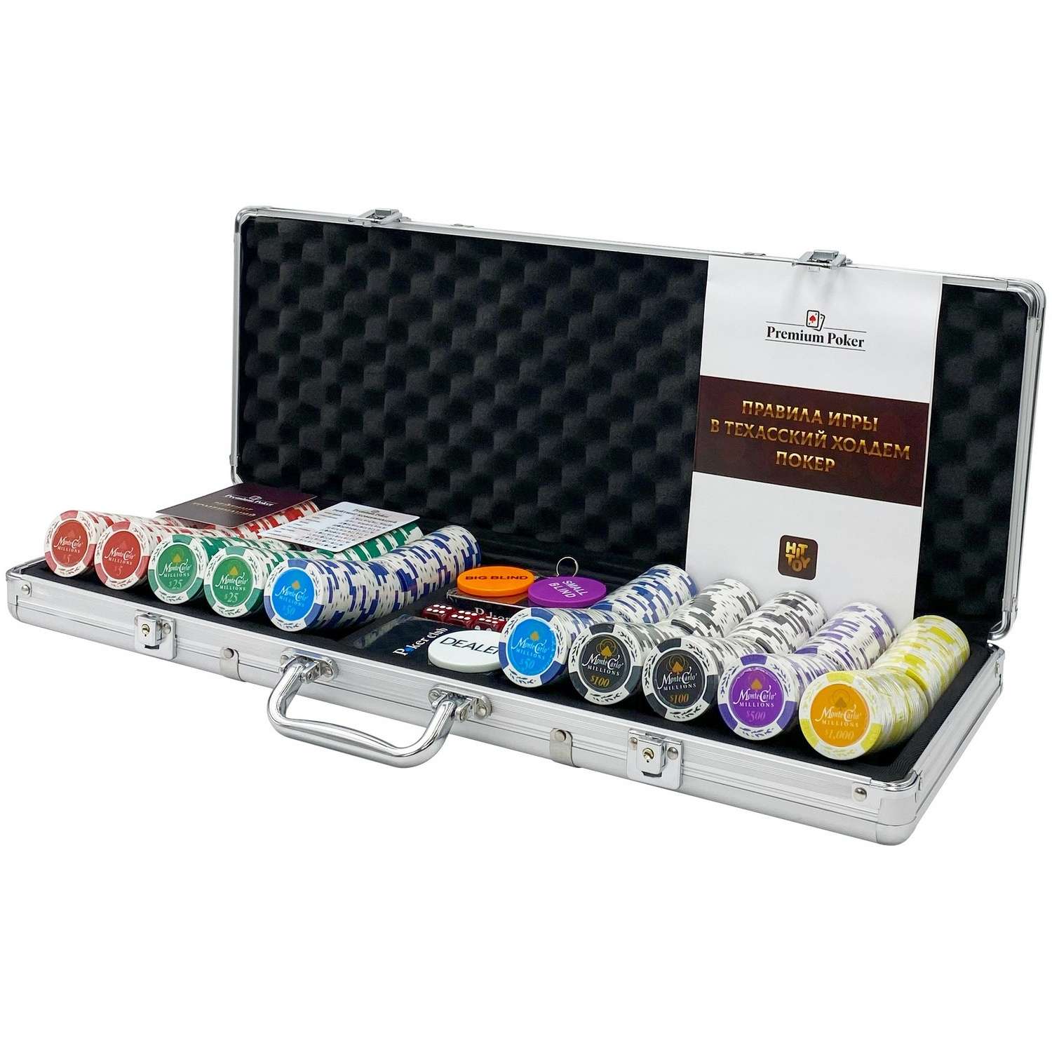 Покерный набор HitToy Monte Carlo 500 фишек с номиналом в чемодане - фото 1