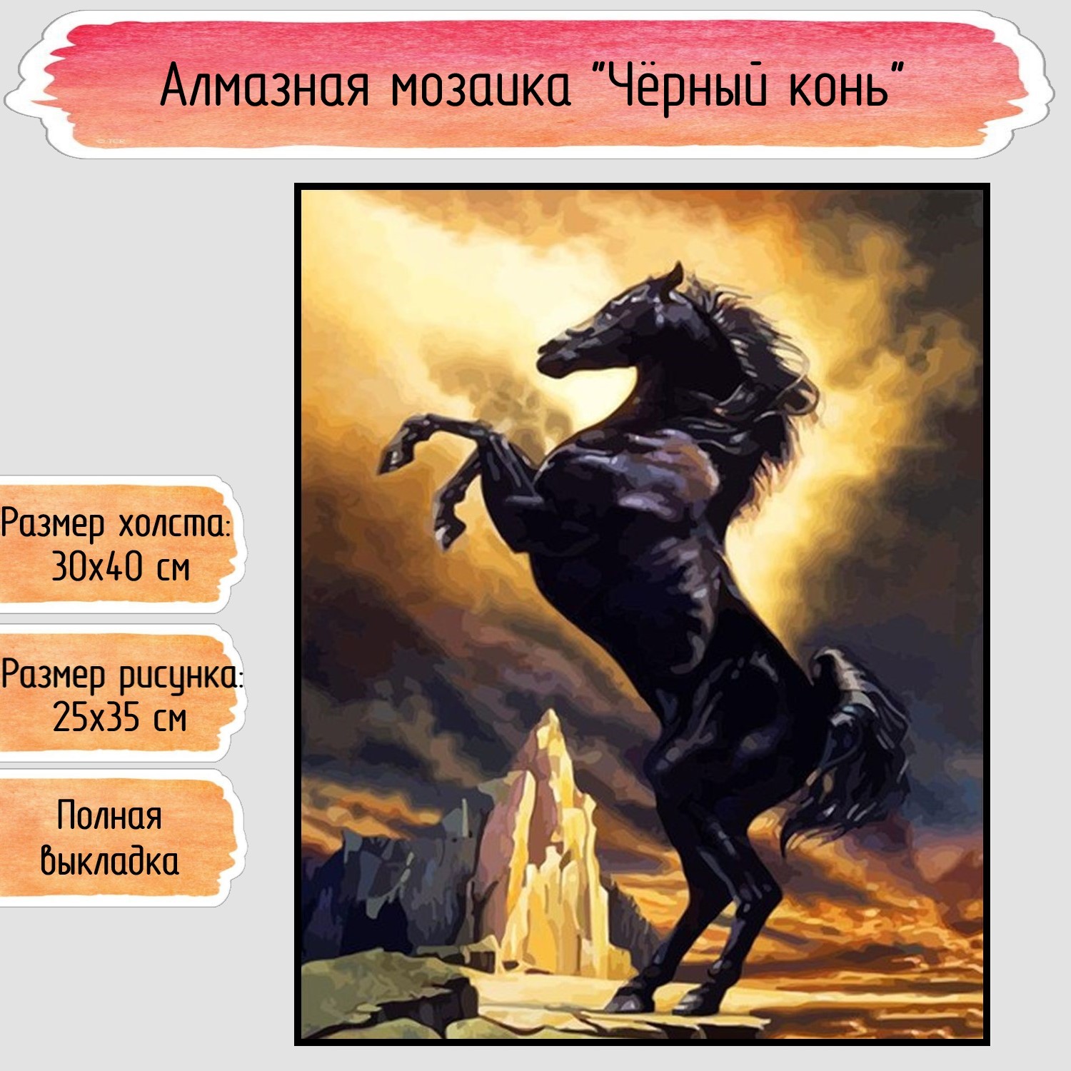Алмазная мозаика Seichi Чёрный конь 30х40 см - фото 1
