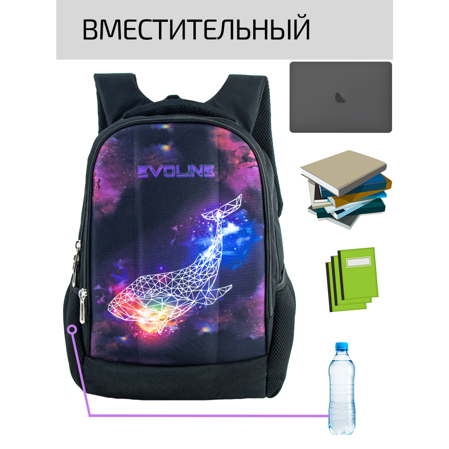 Рюкзак школьный Evoline Черный Акула EVO-DP-whale-41 - фото 3