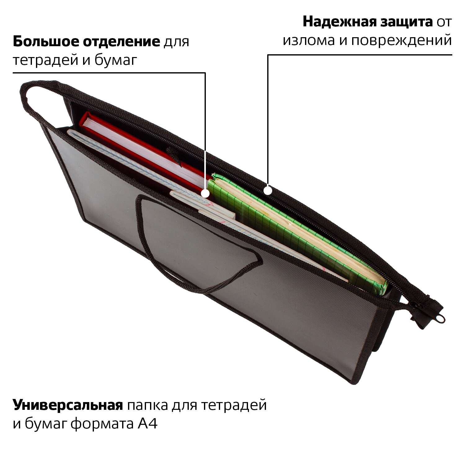 Папка-сумка Пифагор для документов тетрадей для школы канцелярская с ручками на молнии - фото 6