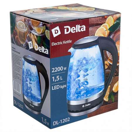 Электрический чайник Delta DL-1202 корпус из жаропрочного стекла черный 2200 Вт