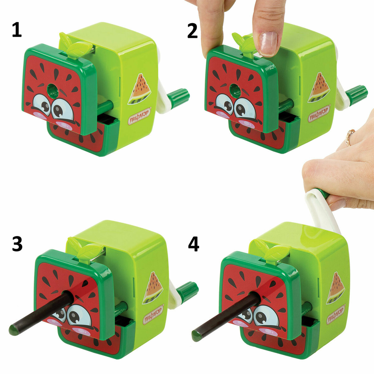 Точилка механическая Пифагор настольная для карандашей с контейнером для стружки зеленая с красным - фото 7