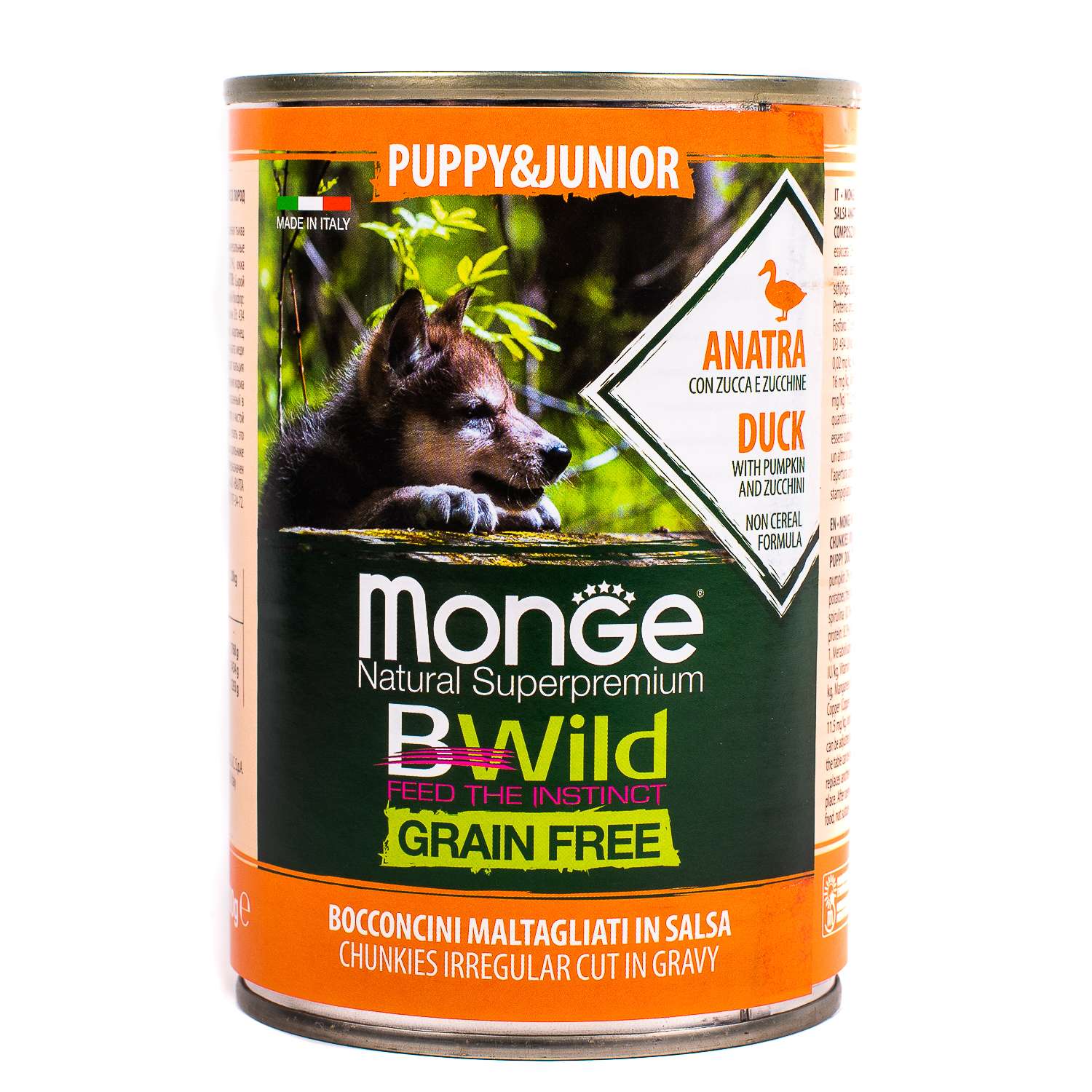 Корм для щенков MONGE BWild Grain free из утки с тыквой и кабачками консервированный 400г - фото 2