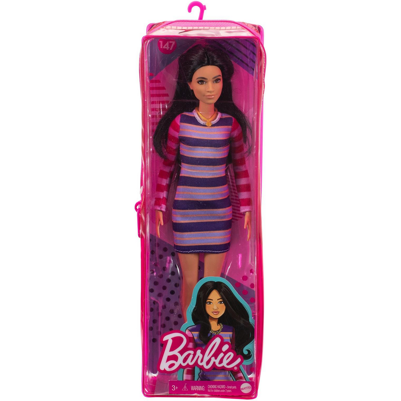 Barbie Fashionistas 147 With Long Brunette Hair And Striped Dress One Size