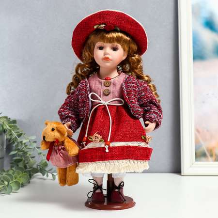 Кукла коллекционная Зимнее волшебство керамика «Элла в бордовом платье шляпе и с мишкой» 30 см