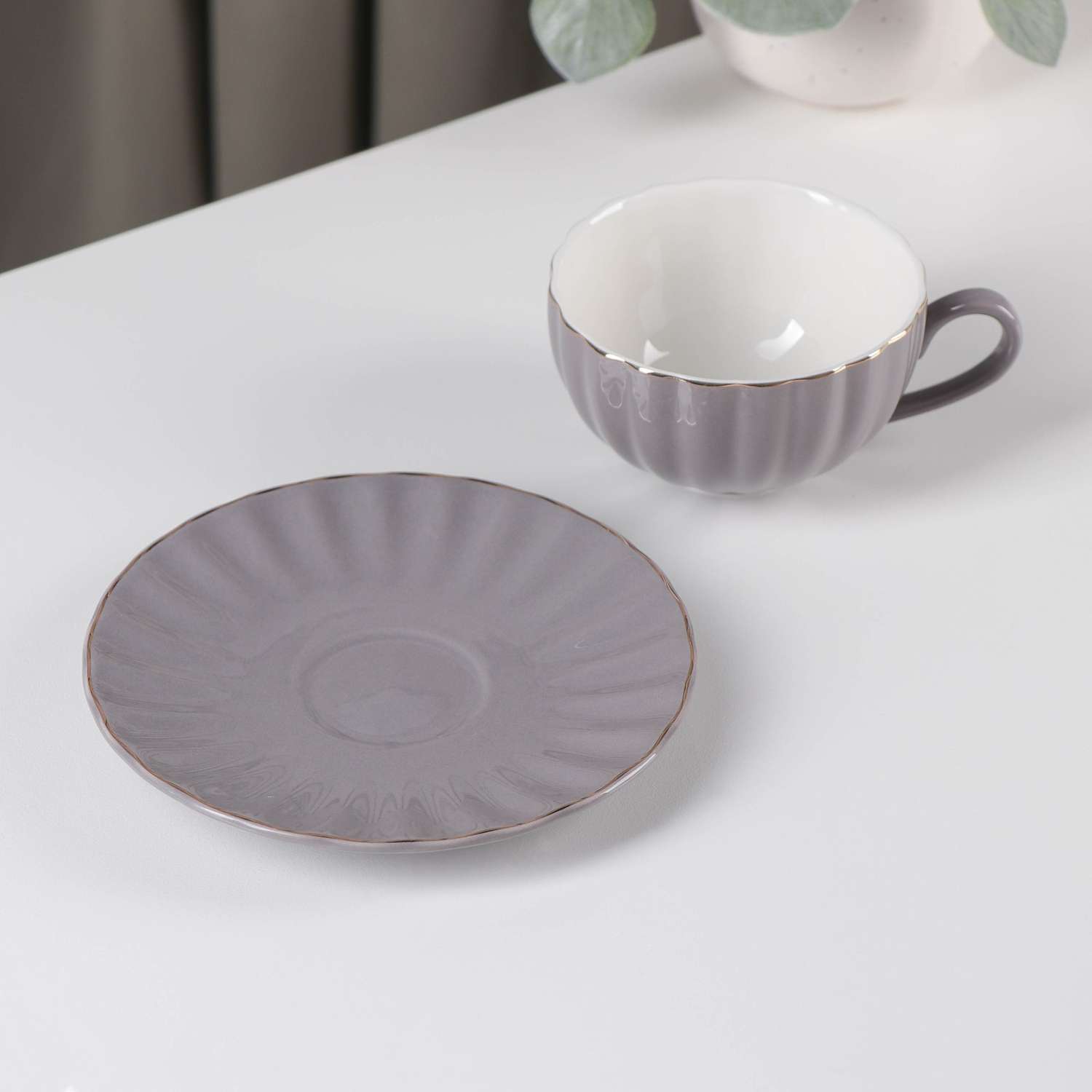 Чайная пара Доляна Вивьен чашка 200 мл блюдце цвет серый - фото 2