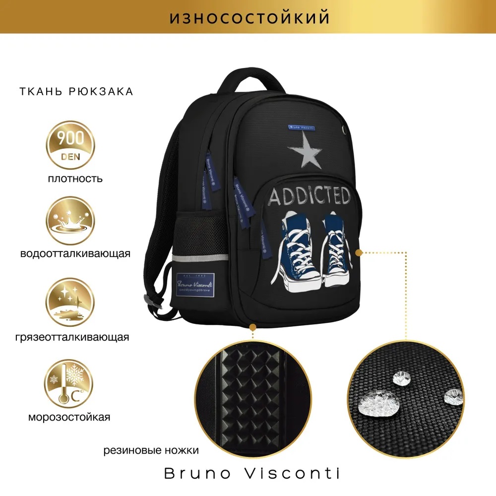 Рюкзак школьный Bruno Visconti черный эргономичной спинкой Кеды Синие с мешком - фото 4