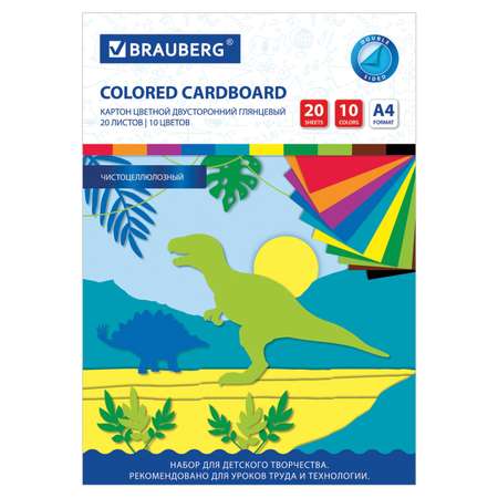 Картон цветной Brauberg формата А4 для творчества 2-сторонний Мелованный 20 листов 10 цветов в папке
