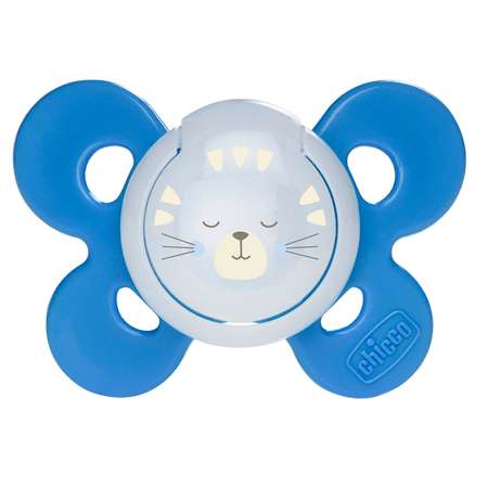 Пустышка CHICCO Physio Comfort 1шт 16-36мес силиконn светящаяся Blue рисунок котик