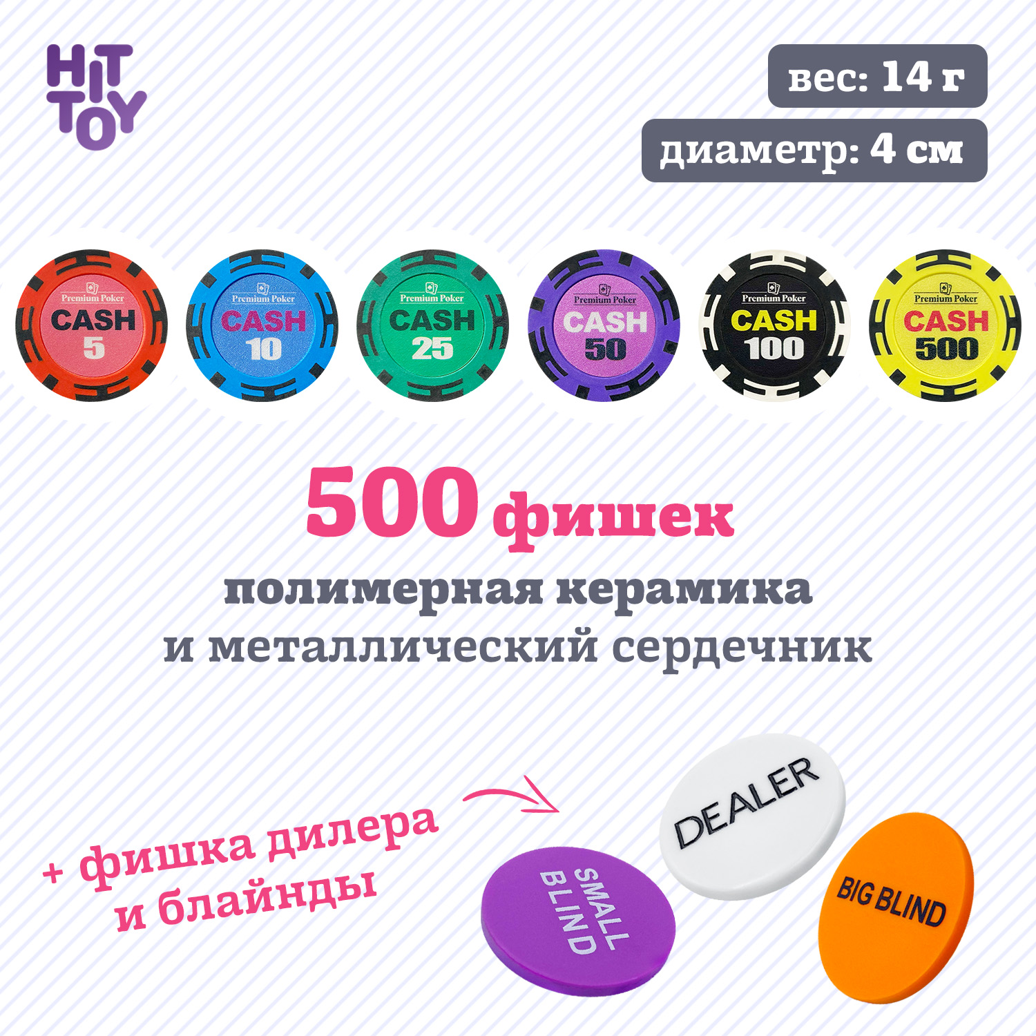 Покерный набор HitToy Cash 500 фишек с номиналом в чемодане - фото 3