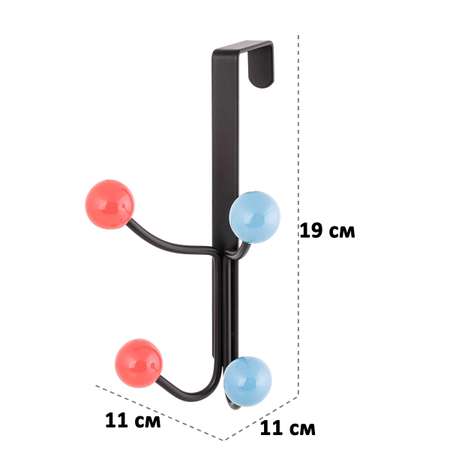 Вешалка El Casa на дверь 11х11х19 см Черная с 4 крючками с цветными пластиковыми шариками красными синий