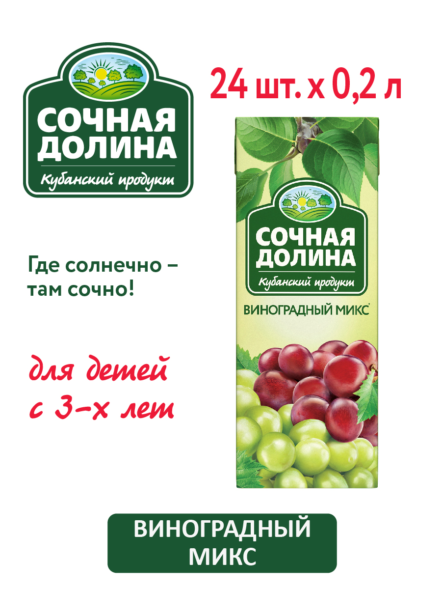 Сокосодержащий напиток Сочная Долина Виноградный МИКС 24 шт х 0.2л купить  по цене 674 ₽ в интернет-магазине Детский мир