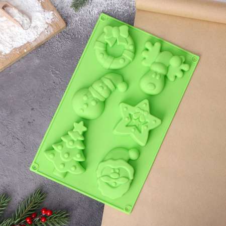 Форма Доляна силиконовая для выпечки «Новый год» 27×17×2 см 6 ячеек цвет зелёный
