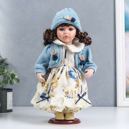 Кукла коллекционная Зимнее волшебство керамика «Машенька в платье с цветами в голубой кофточке» 30 см