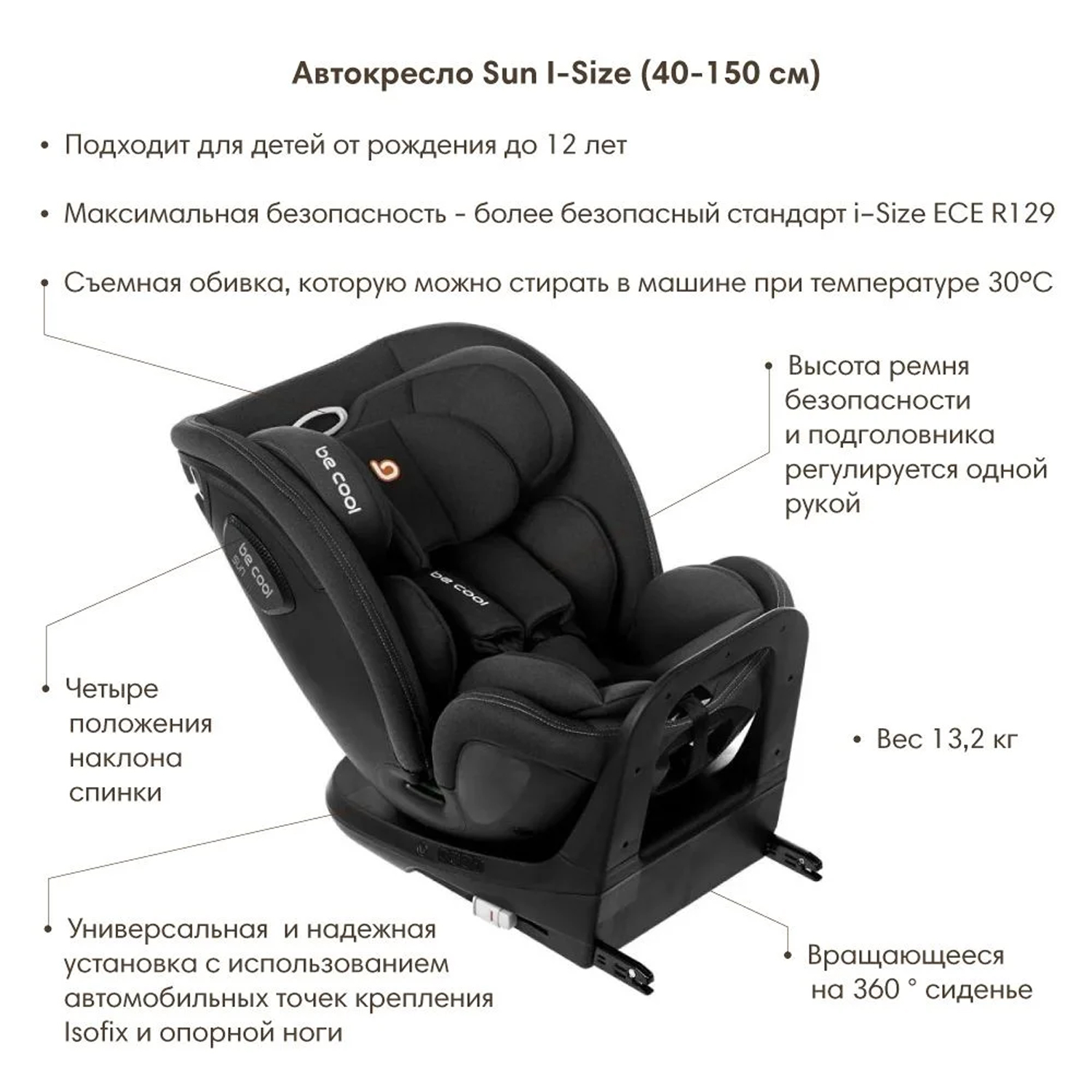 Автокресло Be Cool Sun I-Size рост от 40 до150 см/ 0-12 лет/ гр.0 1 2 3 Be Dark - фото 8