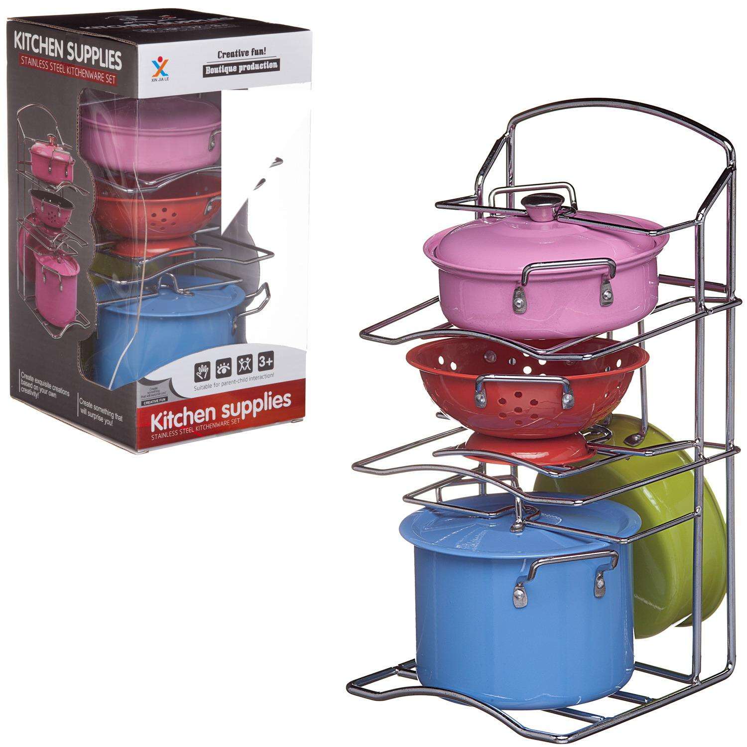 Игровой набор ABTOYS Посуда металлическая разноцветная с подставкой держателем 7 предметов - фото 1