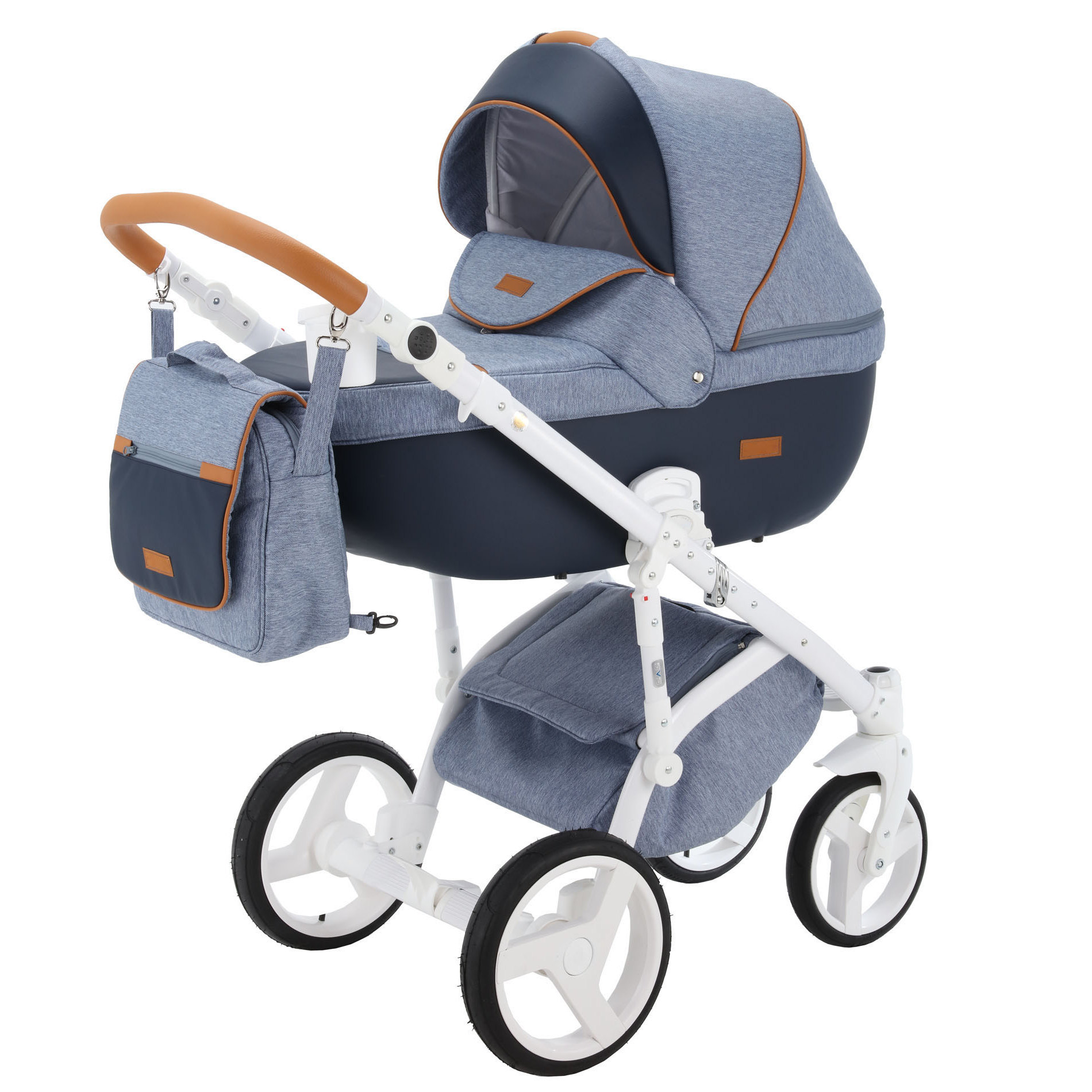 Коляска 3в1 BeBe-mobile Ravenna Standart V14 Джинс+Темно-синяя кожа+Карамельная кожаная отделка - фото 1