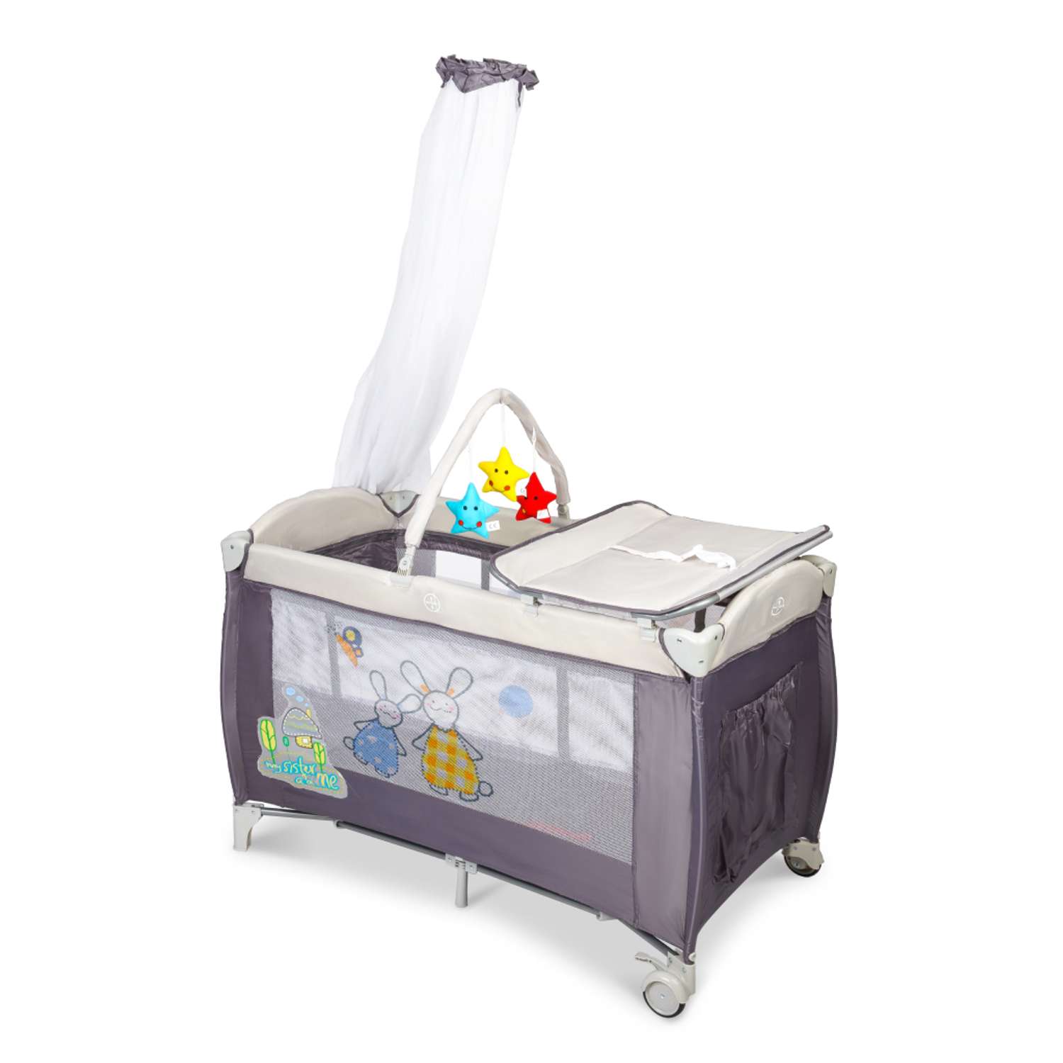 Складной детский манеж-кровать Solmax с мягким матрасом на колесиках серый HW00932 HW00932 - фото 1
