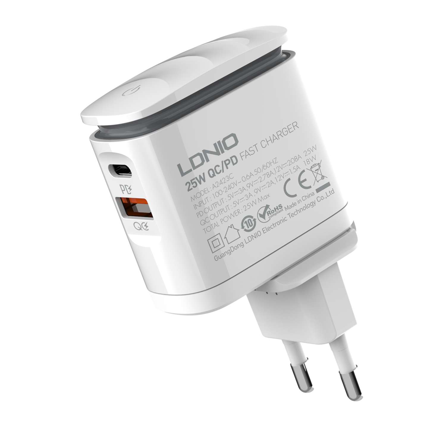 Сетевое зарядное устройство LDNIO A2423C + LED свет + кабельPD/PD + QC 3.0 / 2×USB 3-12V 25W / белый - фото 3